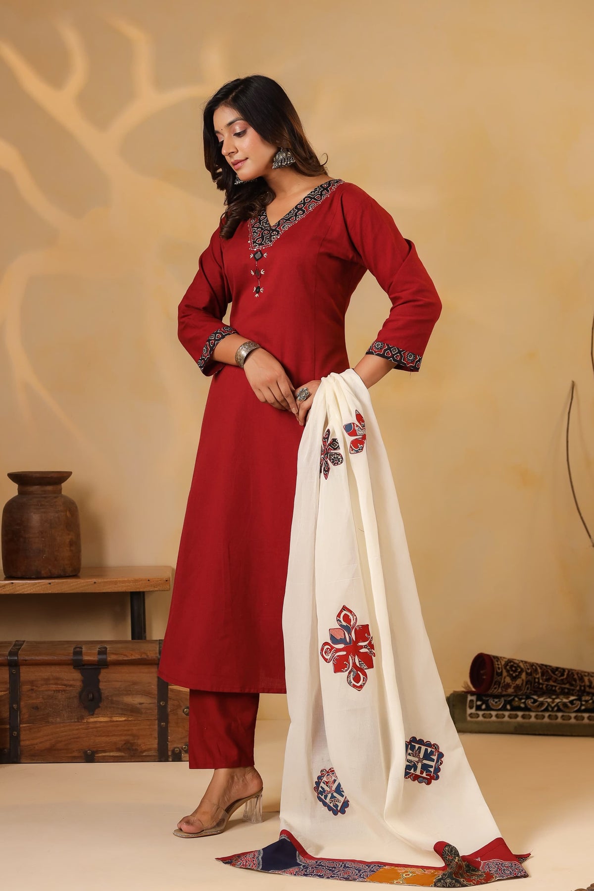 Pure cotton appliqué suit set paired with super soft dupatta in red