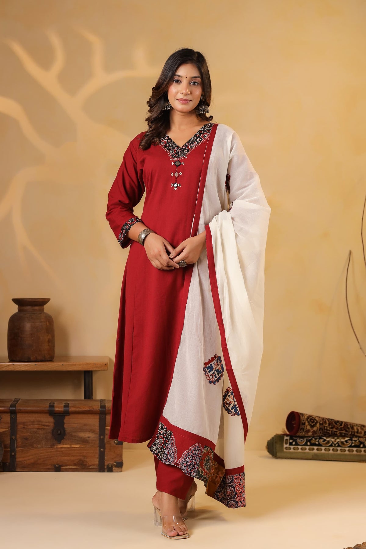 Pure cotton appliqué suit set paired with super soft dupatta in red