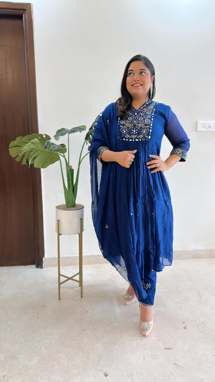 Real mirror designer pure Mul Chanderi full suit set