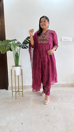 Real mirror designer pure Mul Chanderi full suit set in maroon