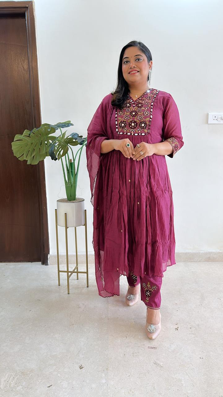 Real mirror designer pure Mul Chanderi full suit set in maroon