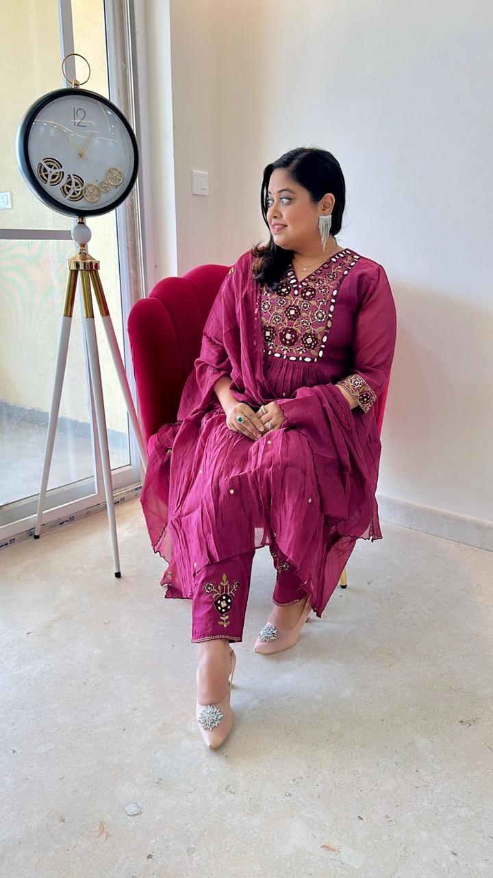 Real mirror designer pure Mul Chanderi full suit set in maroon