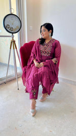 Real mirror designer pure Mul Chanderi full suit set in maroon