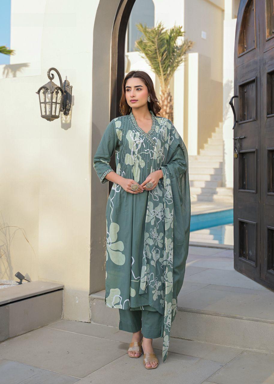 Pure cotton Angrakha full suit set in green