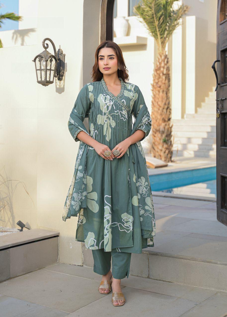 Pure cotton Angrakha full suit set in green