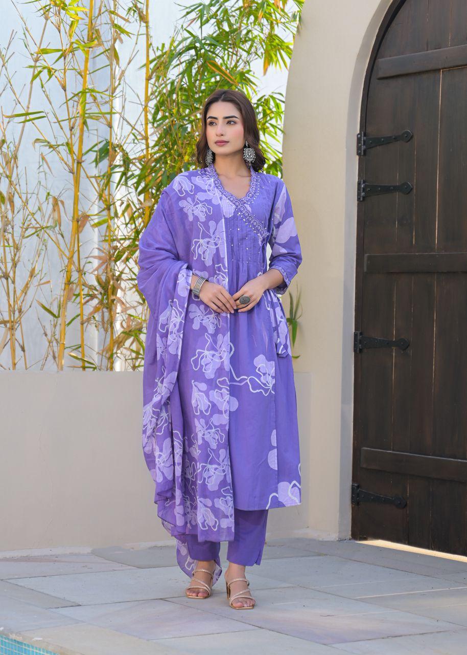 Pure cotton Angrakha full suit set in purple