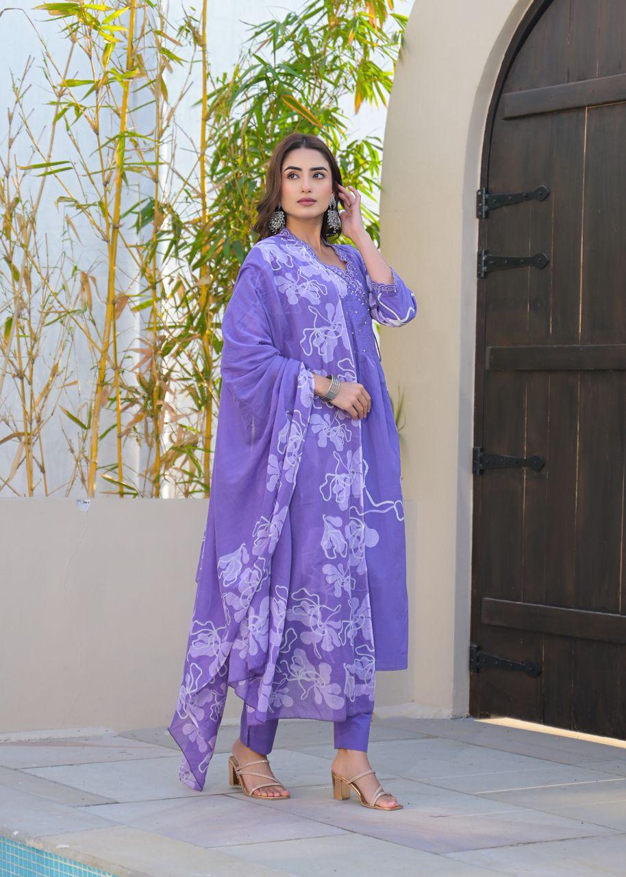 Pure cotton Angrakha full suit set in purple