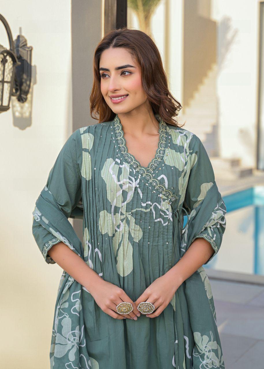 Pure cotton Angrakha full suit set in green