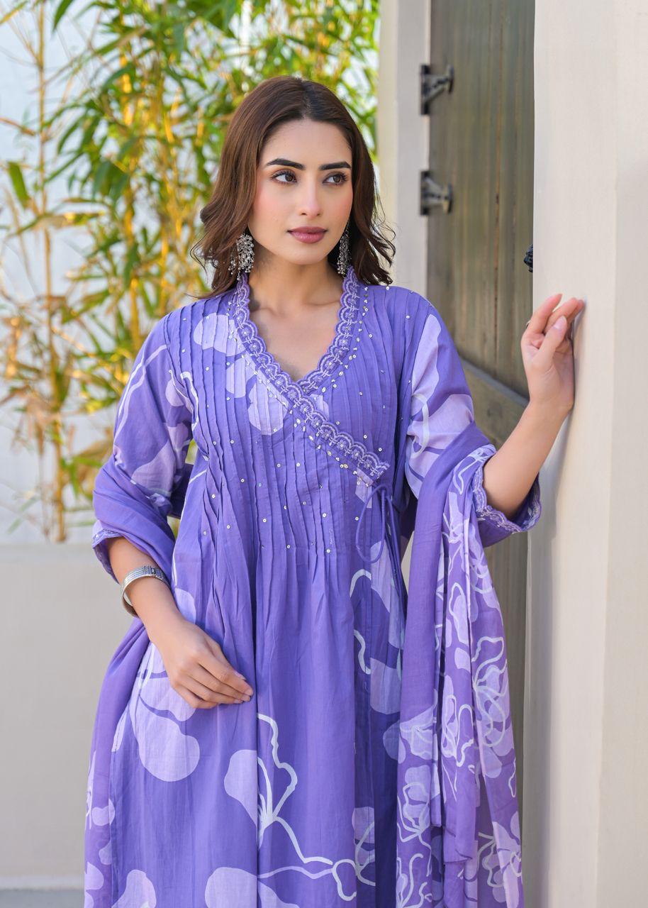 Pure cotton Angrakha full suit set in purple
