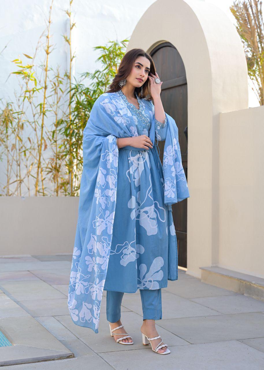 Pure cotton Angrakha full suit set in blue