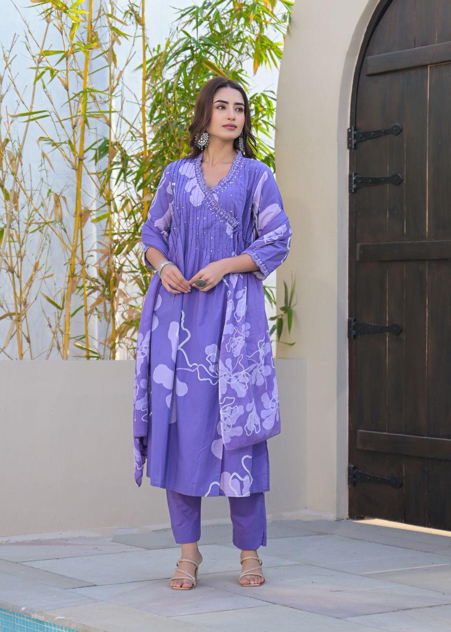 Pure cotton Angrakha full suit set in purple