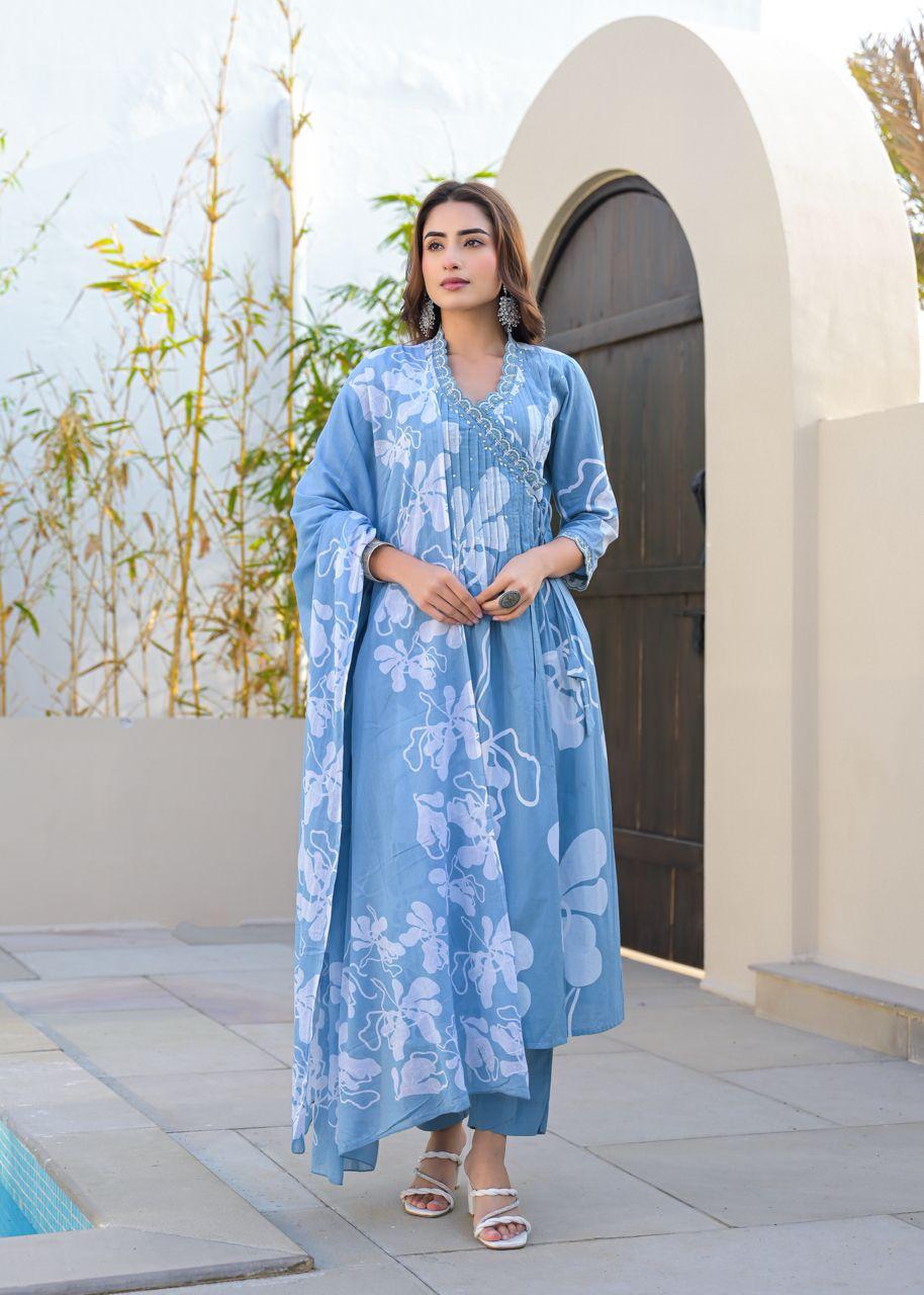 Pure cotton Angrakha full suit set in blue