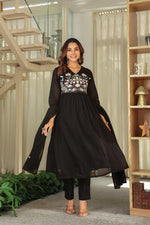 Premium Mul cotton embroidered with pretty neckline in black