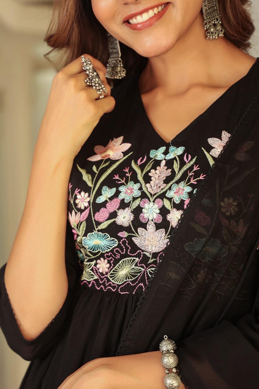 Premium Mul cotton embroidered with pretty neckline in black