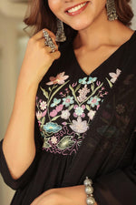 Premium Mul cotton embroidered with pretty neckline in black
