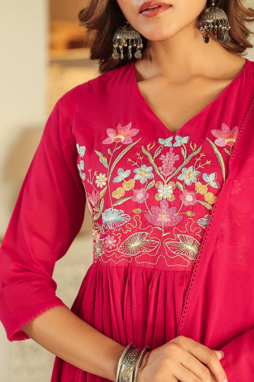 Premium Mul cotton embroidered with pretty neckline in pink