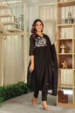 Premium Mul cotton embroidered with pretty neckline in black