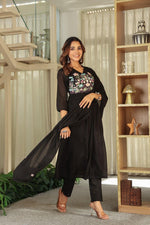 Premium Mul cotton embroidered with pretty neckline in black