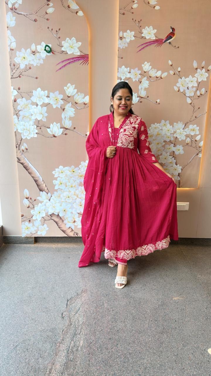 Restocked super hit Pure Mul cotton lining embroidered Anarkali suit set in pink