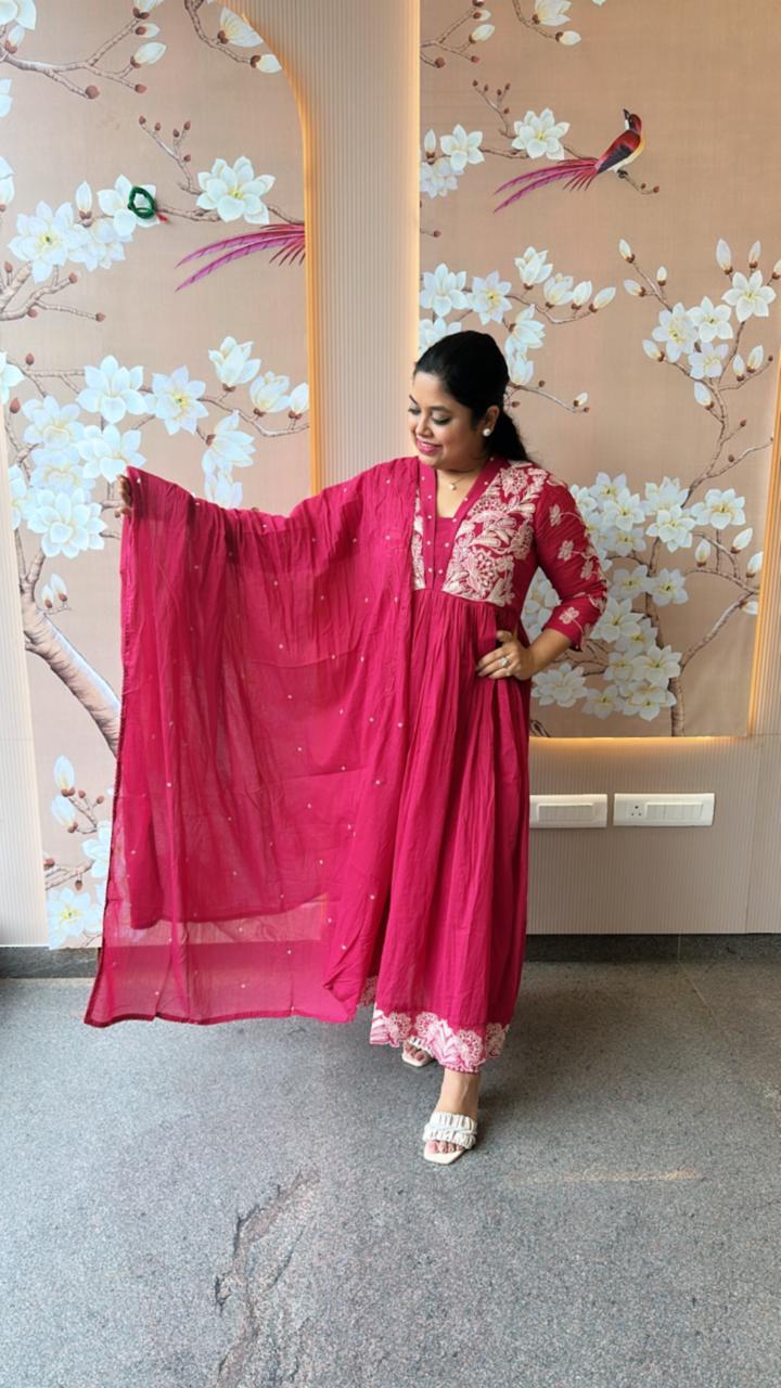 Restocked super hit Pure Mul cotton lining embroidered Anarkali suit set in pink