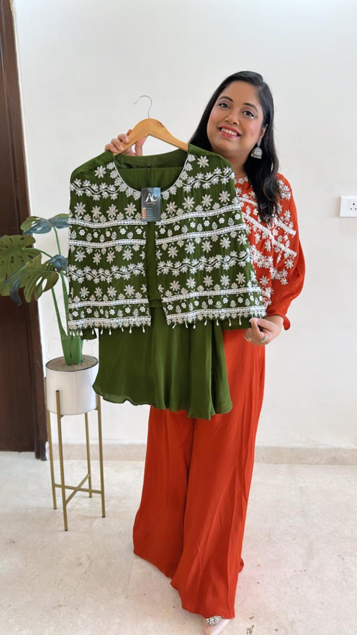 Handwork poncho cape n palazzo pant in crepe in green