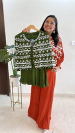 Handwork poncho cape n palazzo pant in crepe in green