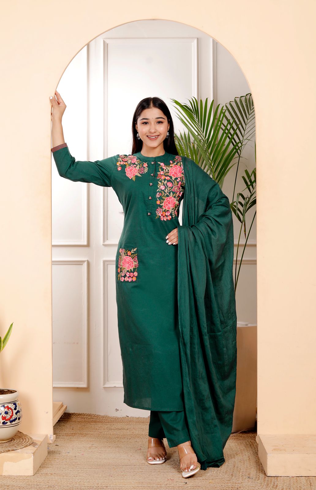 Premium cotton fully embroidered full suit set in green