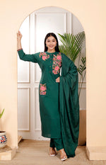 Premium cotton fully embroidered full suit set in green