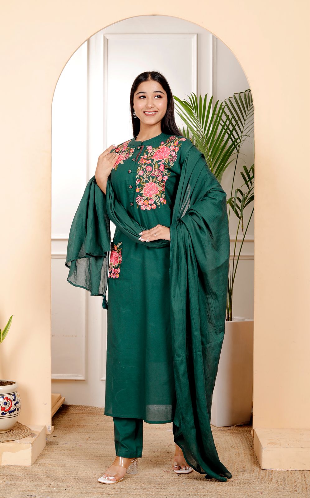Premium cotton fully embroidered full suit set in green