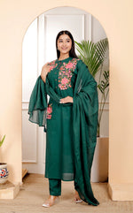 Premium cotton fully embroidered full suit set in green