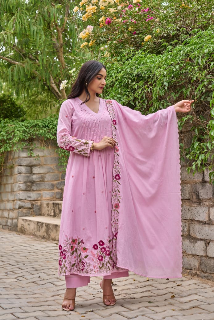 Premium Mul cotton fully embroidered full suit set in pink