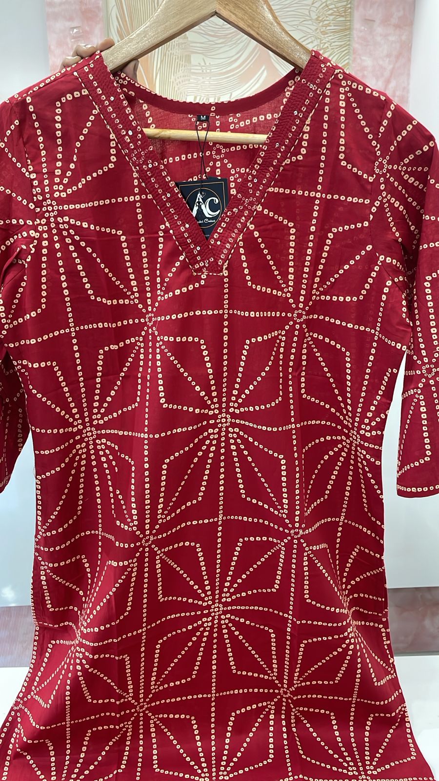 Red Bhandani cotton kurta
