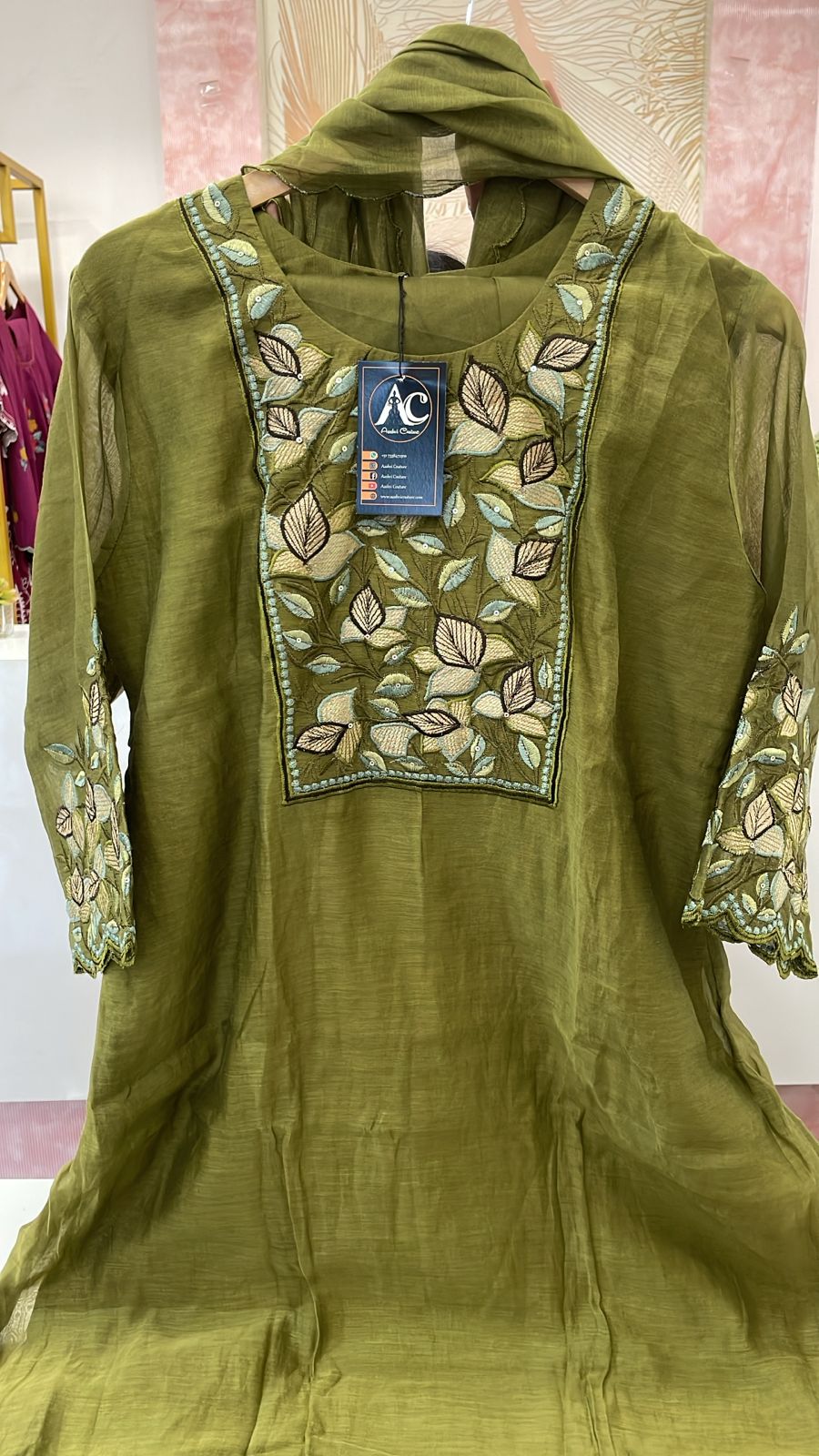 Wow embroidered Mul Chanderi in green
