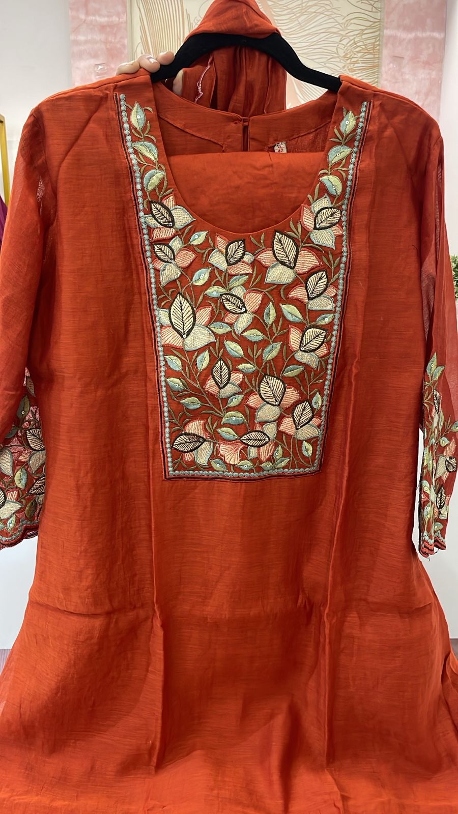 Wow embroidered Mul Chanderi in rust