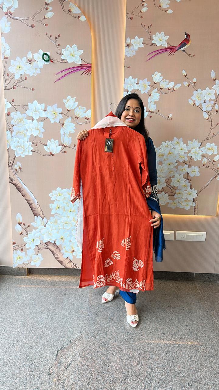 Smart n designer pure appliqué work Mul Chanderi suit set in rust