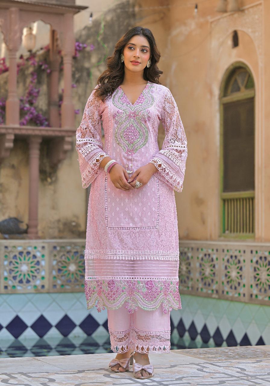 Designer cotton net suit set in pink