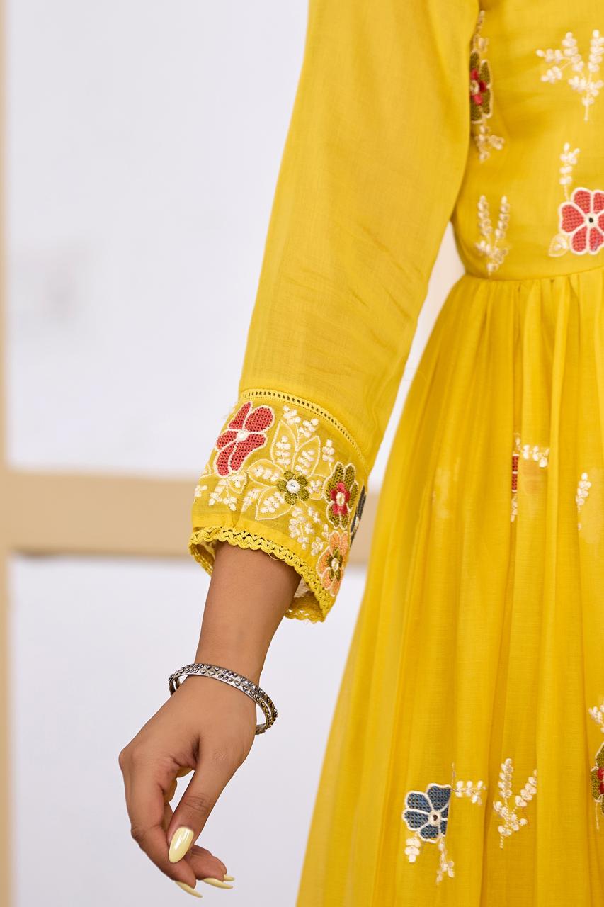 Pure Mul cotton embroidered Anarkali lining suit set in yellow
