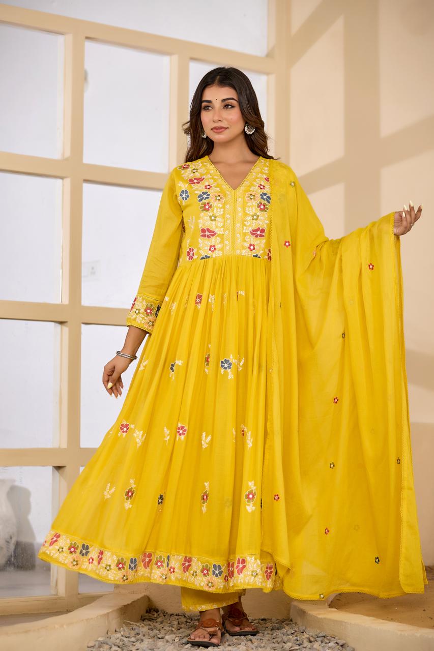 Pure Mul cotton embroidered Anarkali lining suit set in yellow