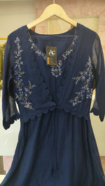 Pretty designer smart Mul Chanderi jacket kurta pant in blue