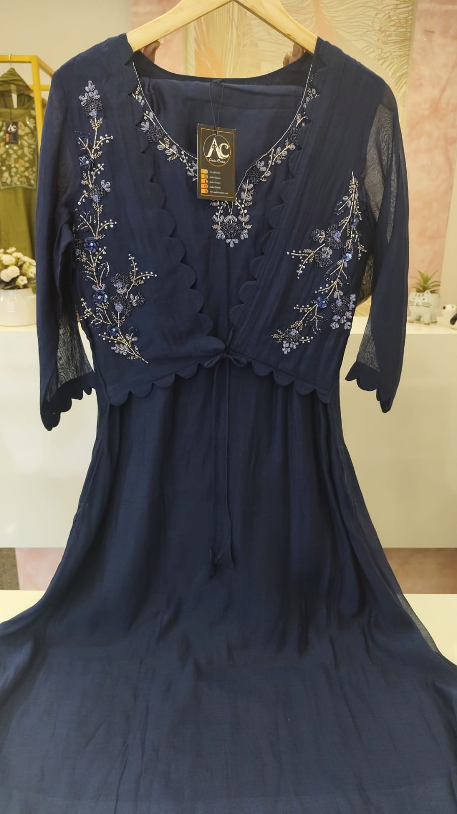 Pretty designer smart Mul Chanderi jacket kurta pant in blue