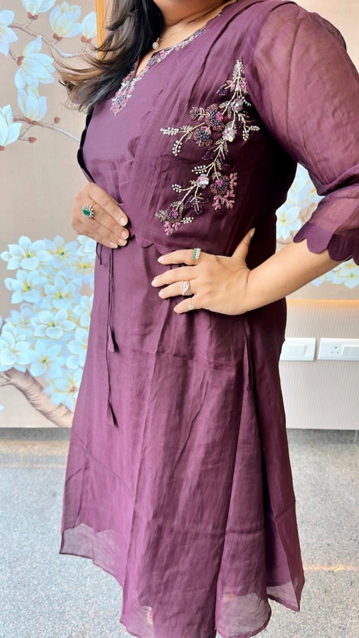 Pretty designer smart Mul Chanderi jacket kurta pant in wine