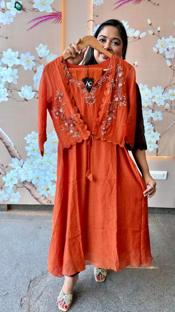 Pretty designer smart Mul Chanderi jacket kurta pant in rust