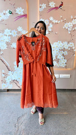 Pretty designer smart Mul Chanderi jacket kurta pant in rust