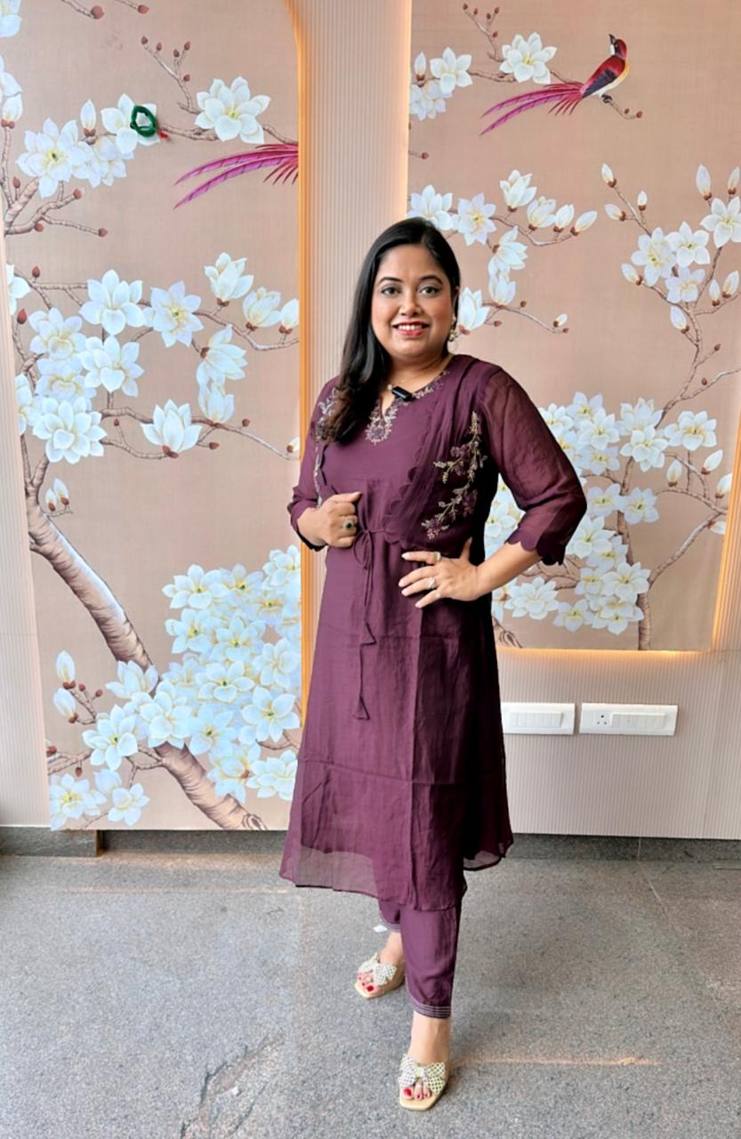 Pretty designer smart Mul Chanderi jacket kurta pant in wine