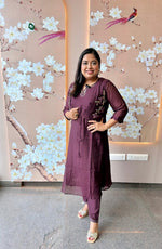 Pretty designer smart Mul Chanderi jacket kurta pant in wine