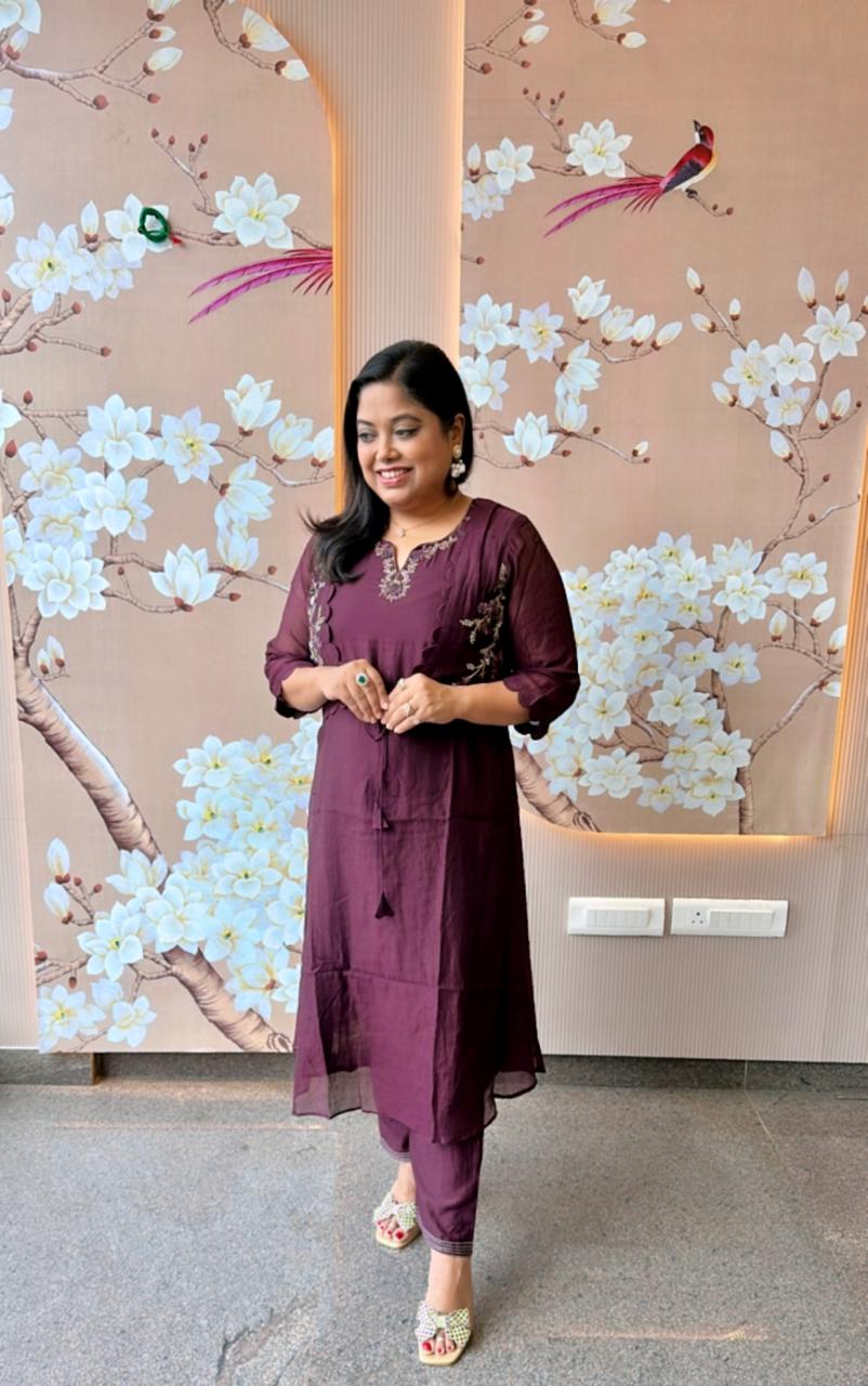 Pretty designer smart Mul Chanderi jacket kurta pant in wine