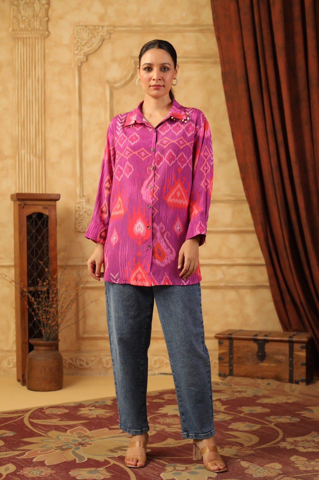 Pure crepe pink Ikkat shirt