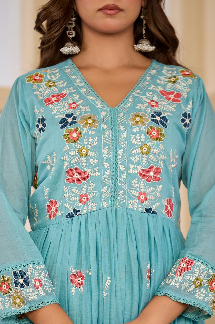 Pure Mul cotton embroidered Anarkali lining suit set in blue