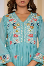 Pure Mul cotton embroidered Anarkali lining suit set in blue