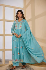 Pure Mul cotton embroidered Anarkali lining suit set in blue